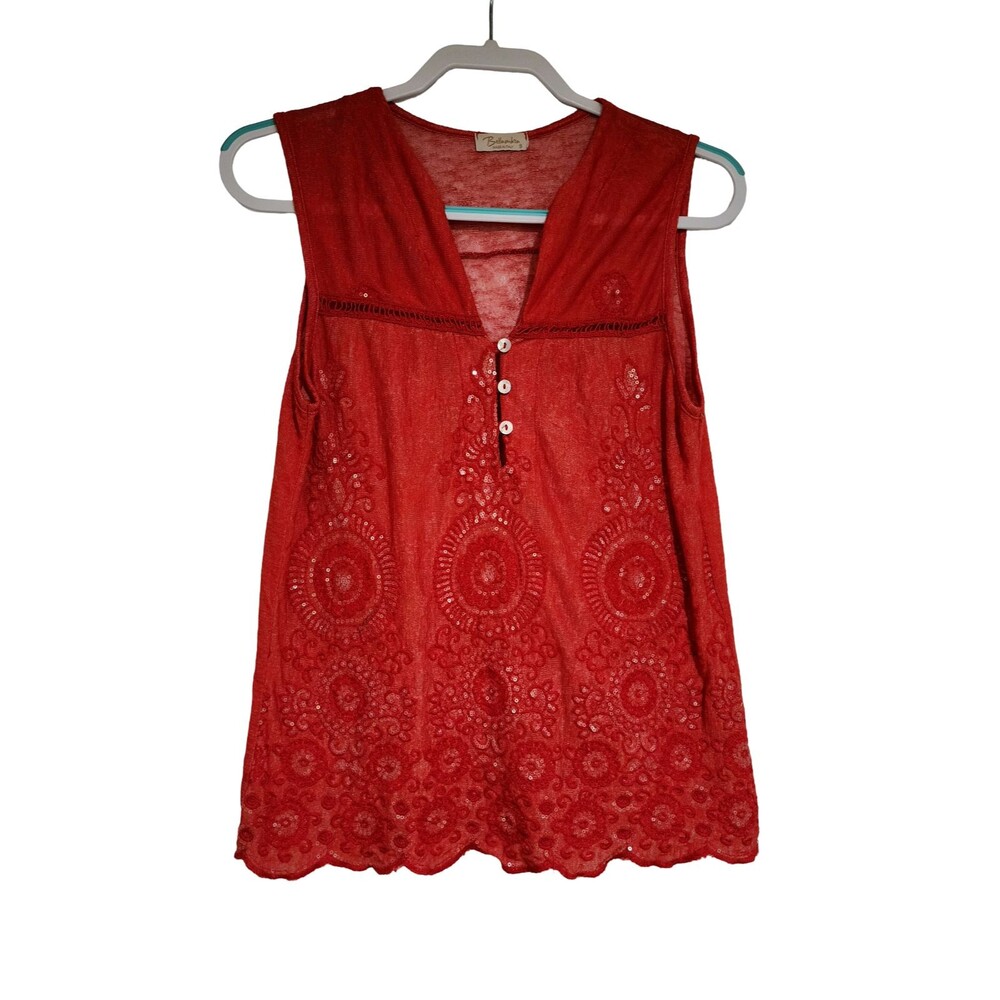 Bellambra Italy Embroidered Sleeveless V-Neck Tunic Top Red Cotton-Blend Size S